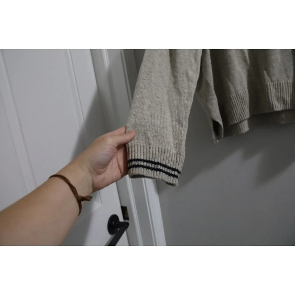 Madewell Merino Wool Blend Polo Sweater Oatmeal Heather Navy Stripe Size M